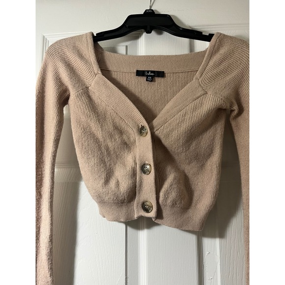 Lulus Tan Beige Ribbed Knit Cropped Cardigan Square Neck Sweater XS - Picture 2 of 4